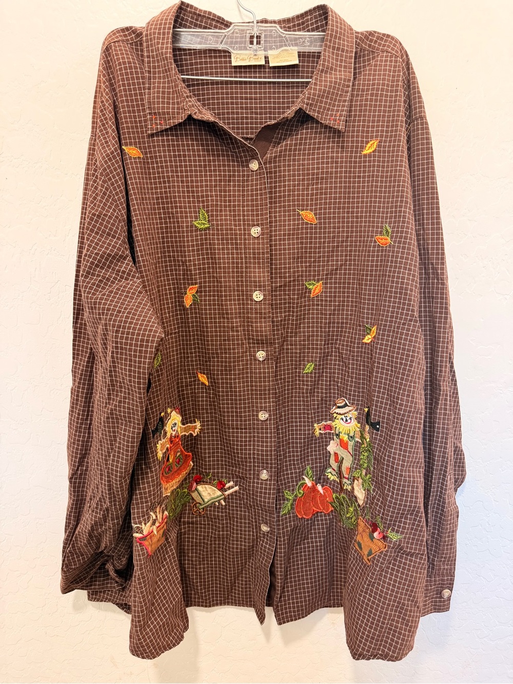 Vtg fall pumpkin scarecrow Plaid Button-Up Shirt plus size 22 24W embroidered